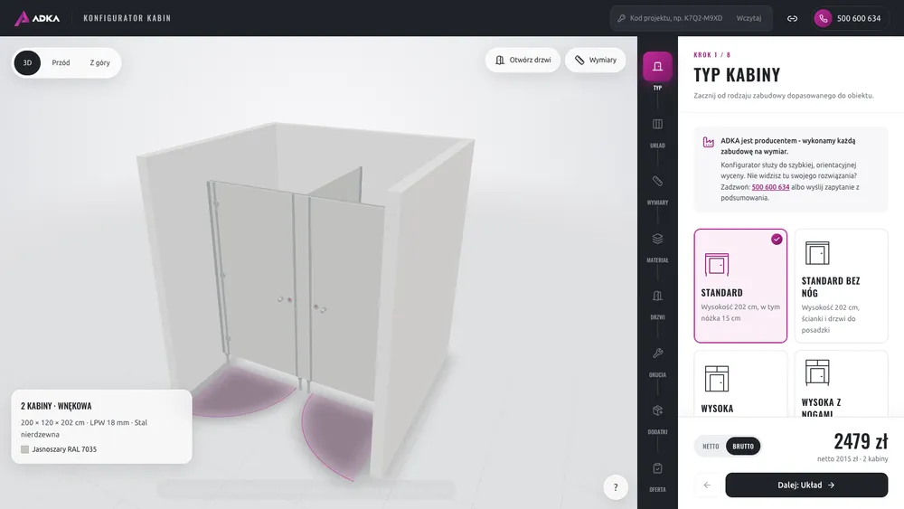 Konfigurator ADKA: model kabin 3D, wybór typu i kolejne kroki projektu